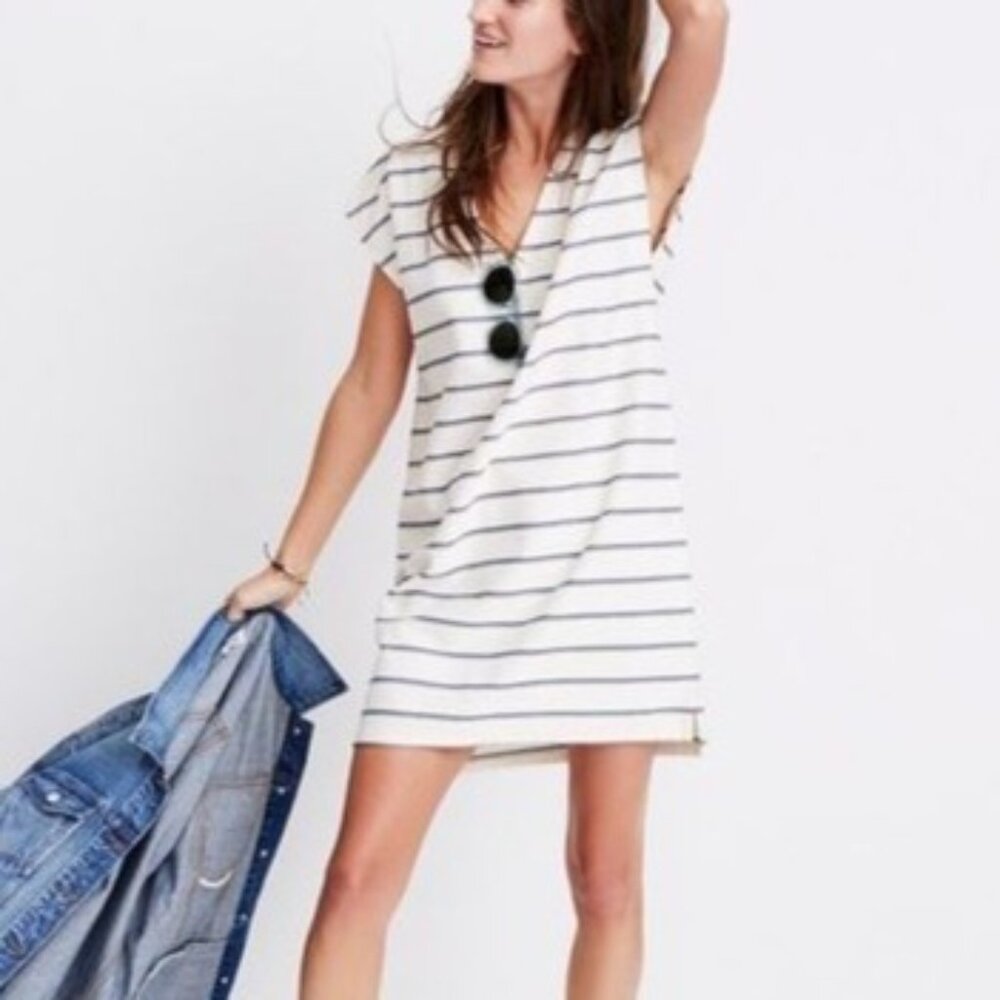 Madewell Size XS Beige Blue Striped Cap Sleeve V-Neck Mini Dress